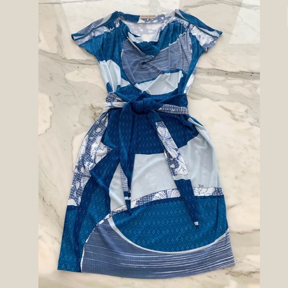 EMILIO PUCCI BLUE WHITE PRINT BELTED DRESS SIZE IT 42 / US 8 NWOTS! - Picture 1 of 11